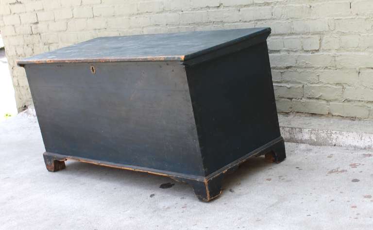 Pine Mid-19th Century New England Original Blue Painted Blanket Chest
