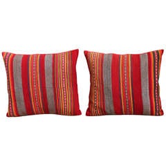 Vintage Colorful Pair of Early 20th Century Red and Gray Wool Striped Pillows