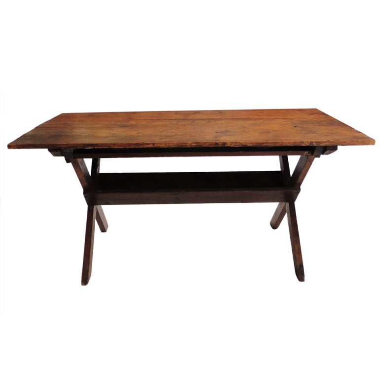 Fantastic 19thc Large New England Sawbuck Table in Natural Old Surface 