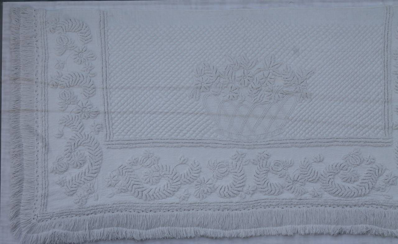 Cotton Early 19th Century Trapunto & Candlewick Fringed Sham in Plexy Frame For Sale