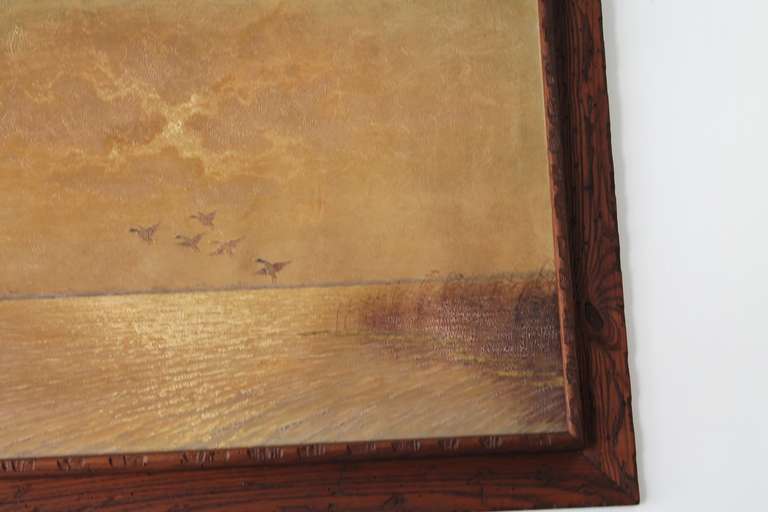 American Ducks in Flight Original Wood Framed Oil Painting