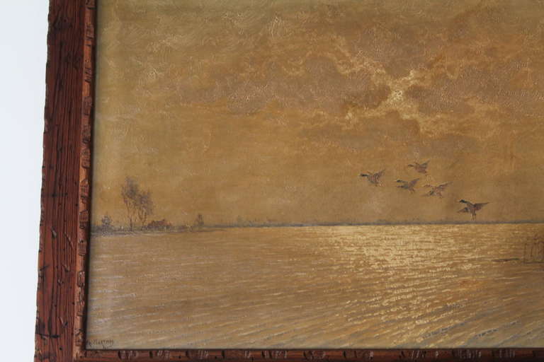 Ducks in Flight Original Wood Framed Oil Painting In Excellent Condition In Los Angeles, CA