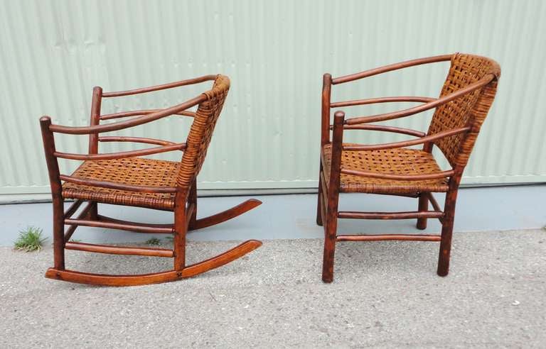 Pair of Signed Old Hickory  Barrel Back Rocker and Side Chair In Excellent Condition In Los Angeles, CA