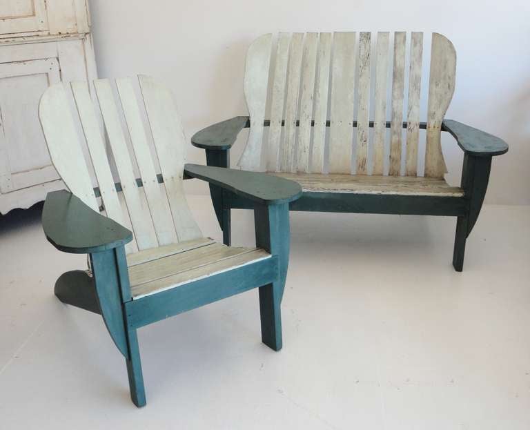 Adirondack Settee & Matching Chair From Maine In Original Paint