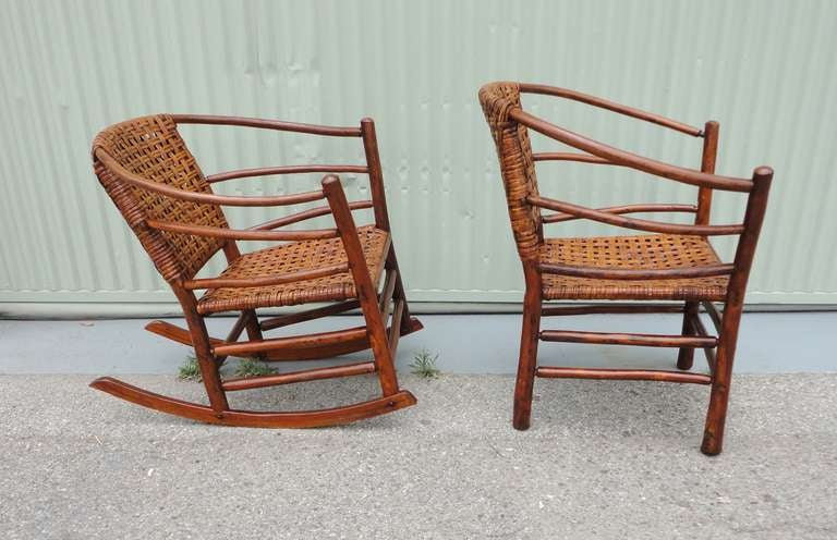 Pair of Signed Old Hickory  Barrel Back Rocker and Side Chair 4