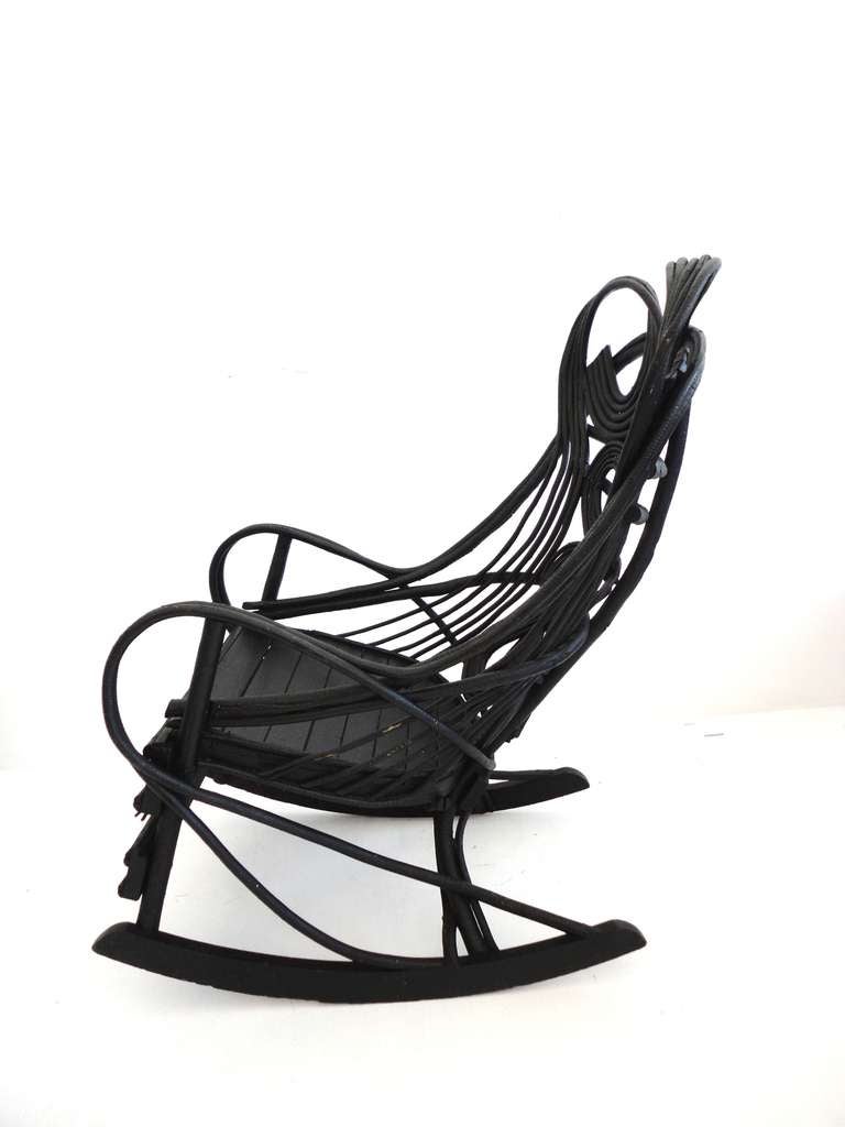 Amazing 19th c. Original Black Painted Bentwood Rocking Chair In Distressed Condition In Los Angeles, CA