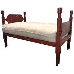 Early 19thc New England Salmon Youth Bed With Homespun Duvet Cover 3
