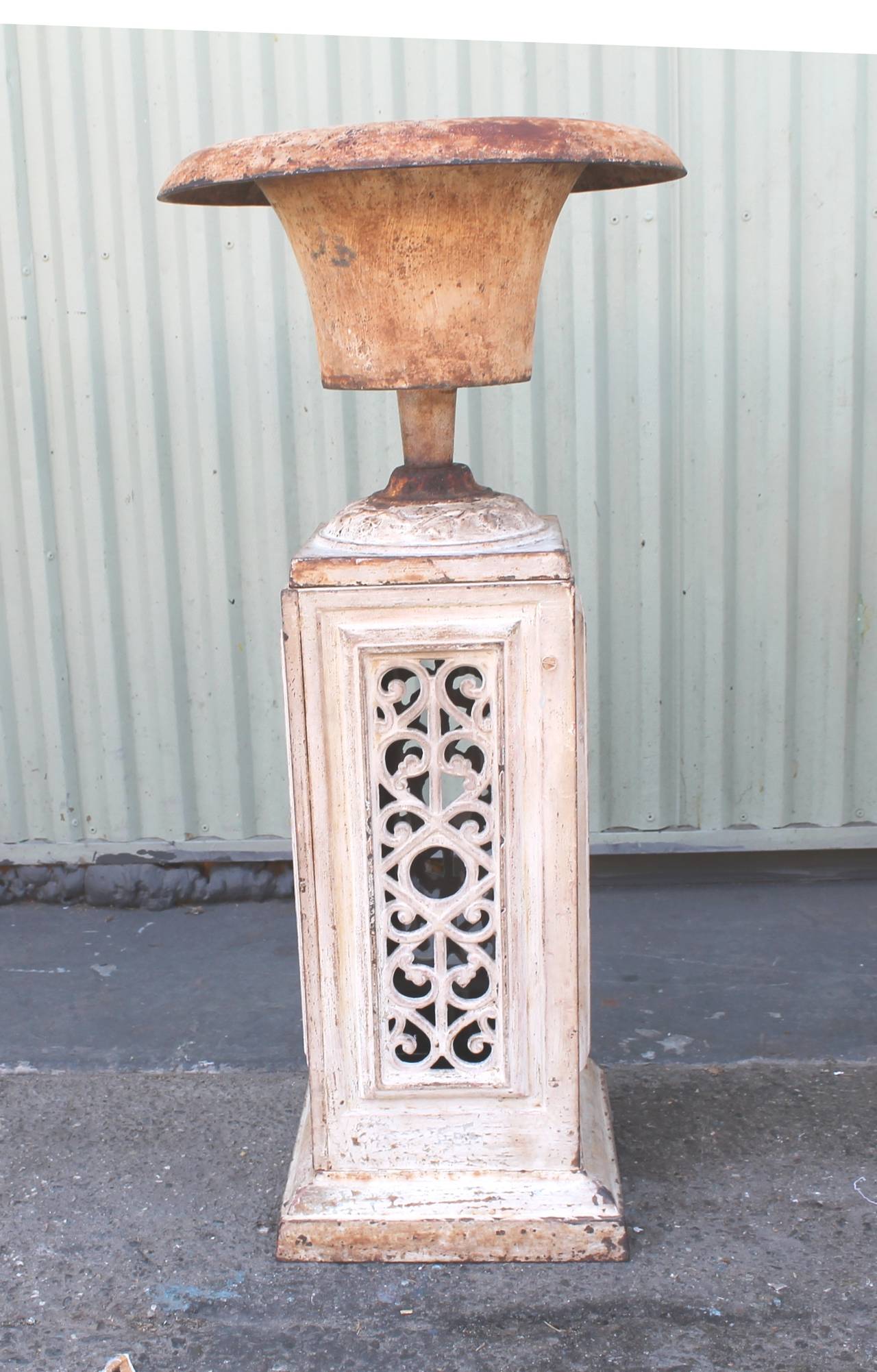 American Classical 19th Century Original White Painted Urn on Original Iron Plinth