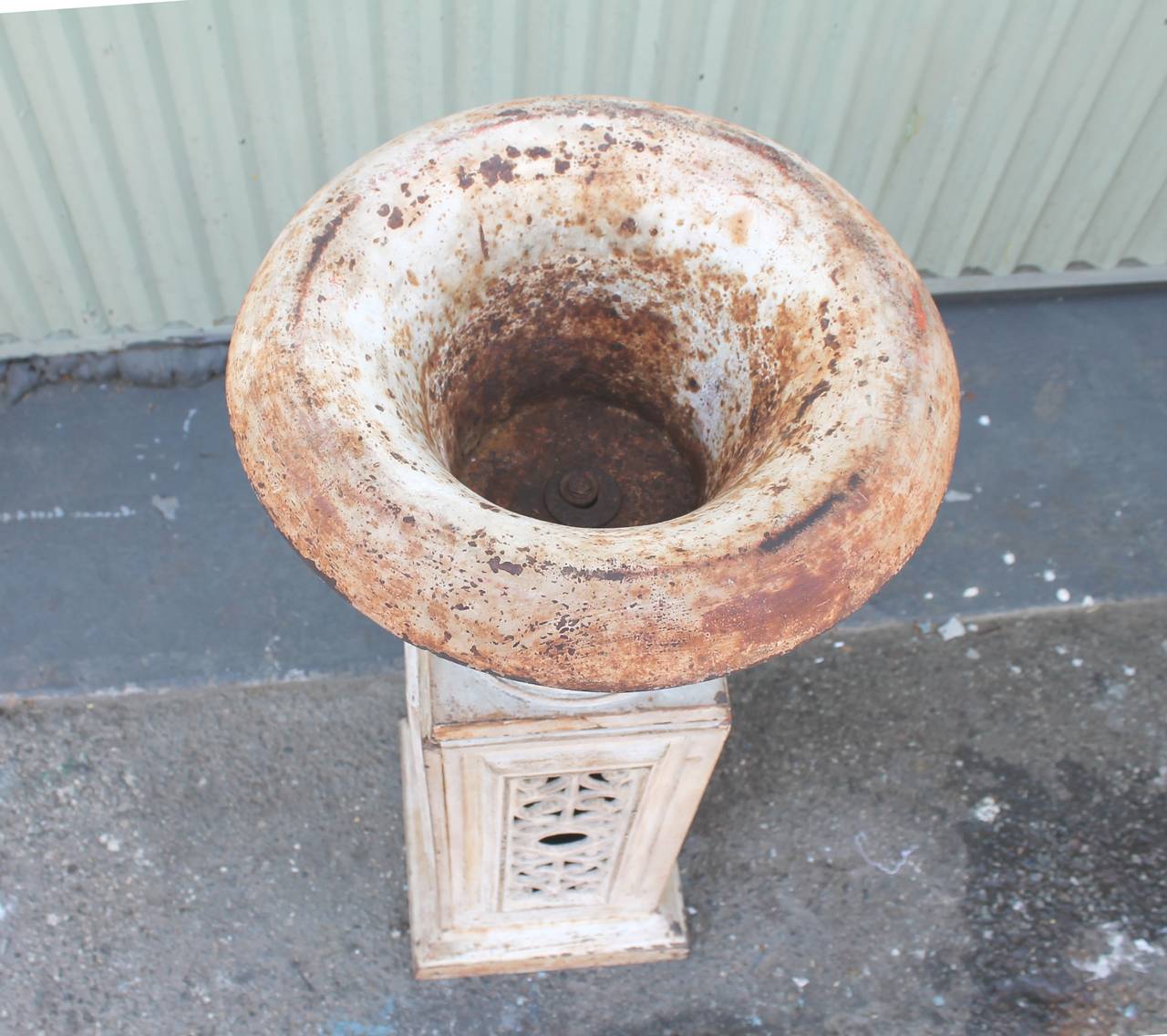 American 19th Century Original White Painted Urn on Original Iron Plinth