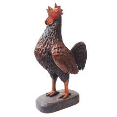 Early Folk Hand Carved & Painted Rooster Sculpture 