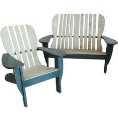 Adirondack Settee & Matching Chair From Maine In Original Paint
