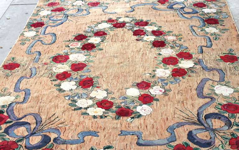 American Large Room Sized Rose and Ribbons Hand-Hooked Rug