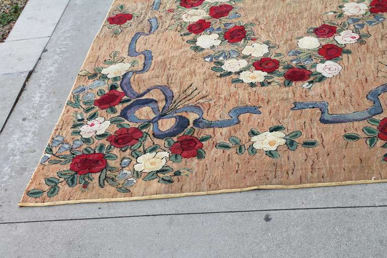 Large Room Sized Rose and Ribbons Hand-Hooked Rug In Excellent Condition In Los Angeles, CA