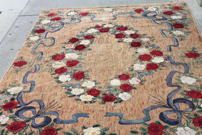 Mid-20th Century Large Room Sized Rose and Ribbons Hand-Hooked Rug