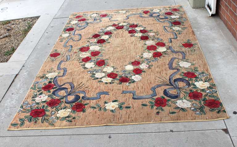 Large Room Sized Rose and Ribbons Hand-Hooked Rug 1
