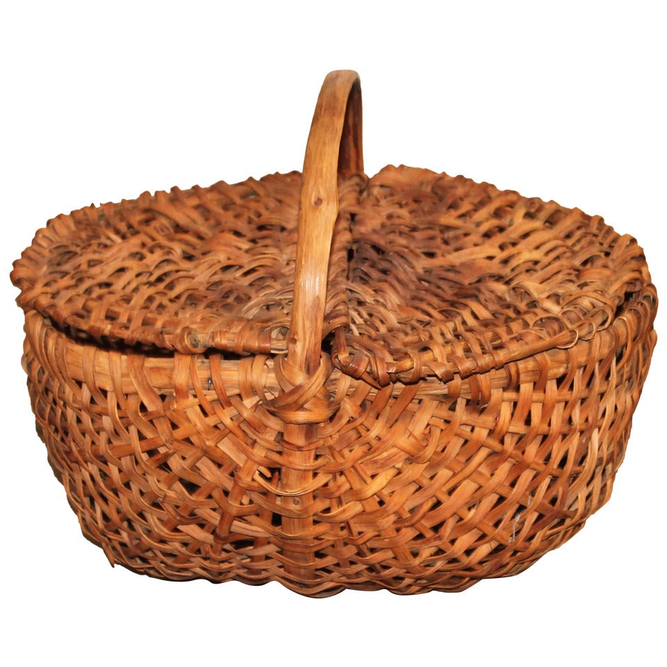 19th Century Splint Oak Pennsylvania Lidded Buttocks Basket