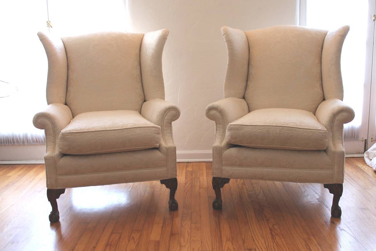 American Classical Pair of Monumental Damask Wing Chairs