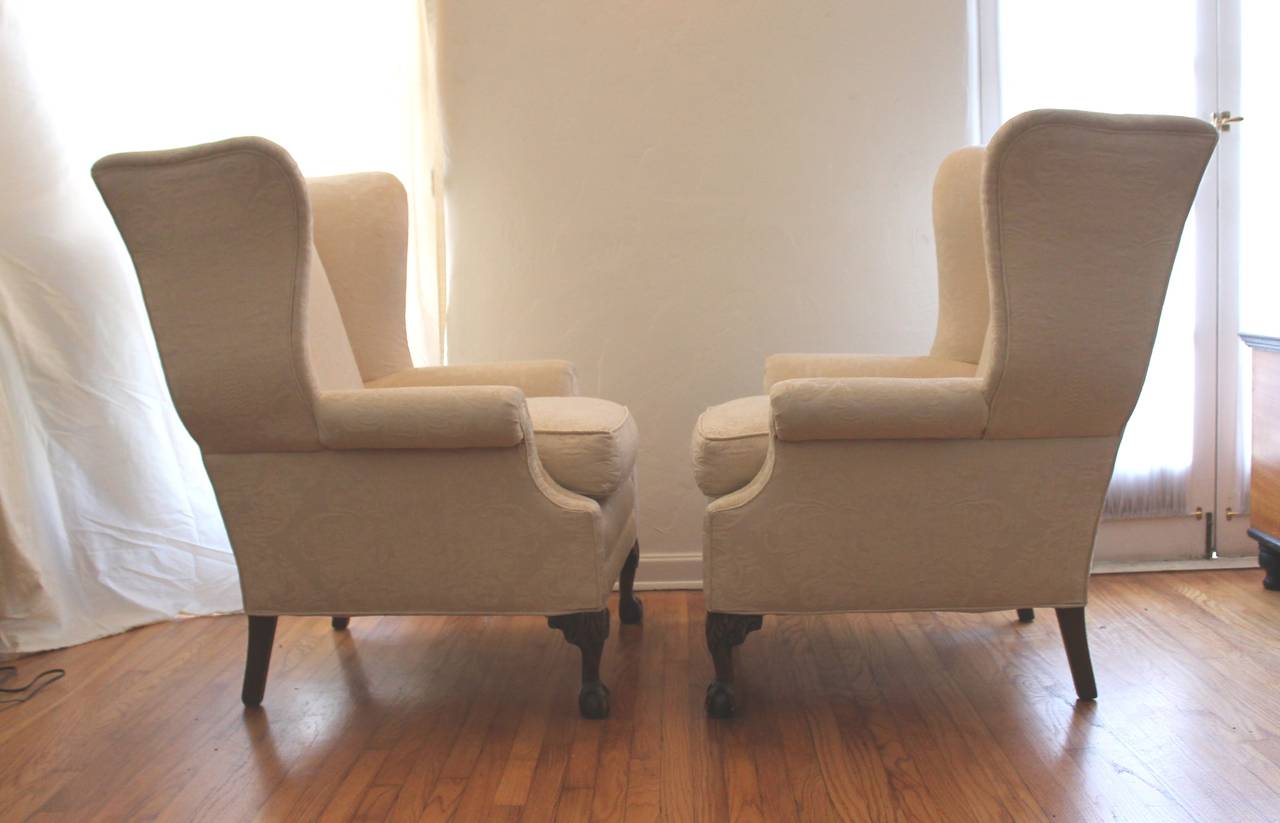 American Pair of Monumental Damask Wing Chairs