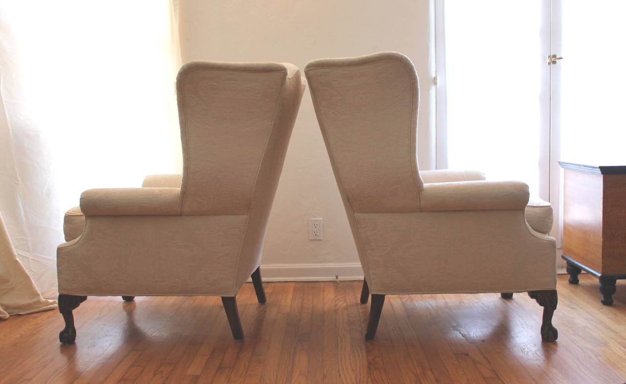 Pair of Monumental Damask Wing Chairs In Excellent Condition In Los Angeles, CA