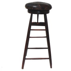 19thc Tall Industrial Stool With Original Surface & Leather Seat