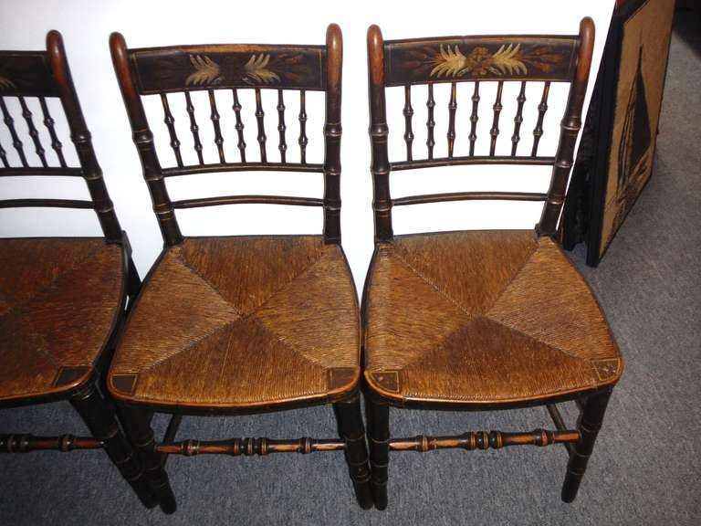 Set of Four 19thc Original Paint Decorated Hitchcock Chairs w/ Orig. Rush Seats In Distressed Condition In Los Angeles, CA