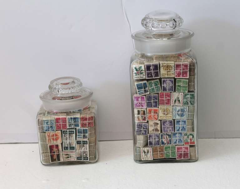 Vintage Postage Stamp Collection in Cut Glass Soda Fountain Jars