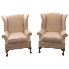 Pair of Monumental Damask Wing Chairs