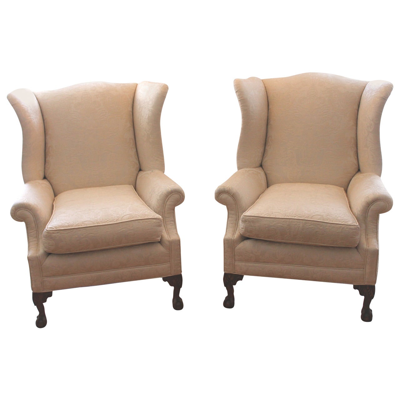 Pair of Monumental Damask Wing Chairs