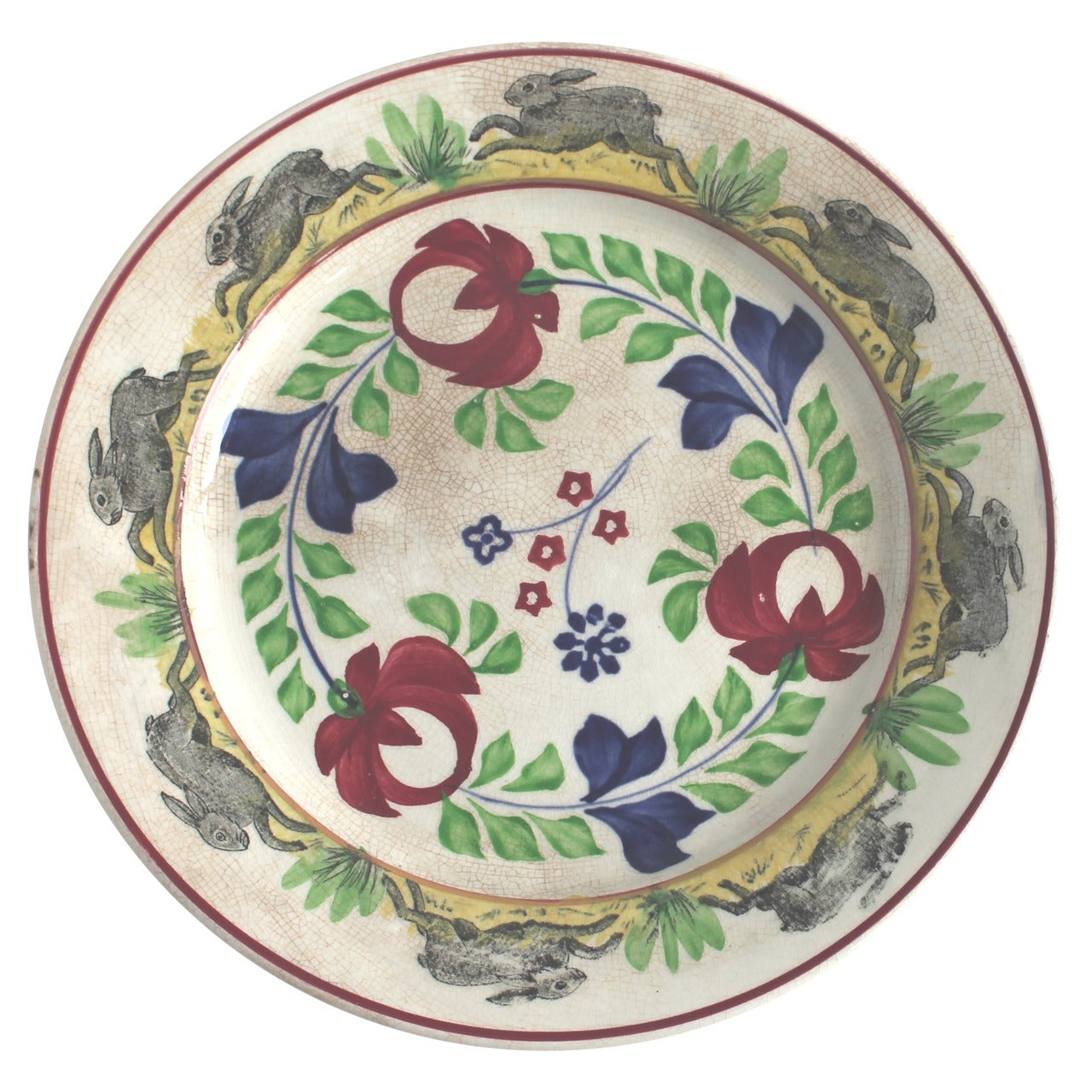 19th Century Rare Hand-Painted Stick Spatter Plate with Rabbits For Sale
