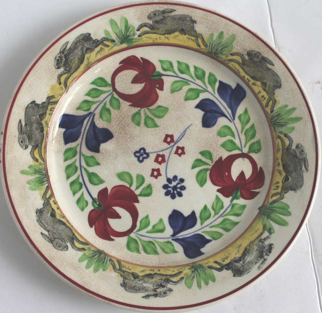 American Classical 19th Century Rare Hand-Painted Stick Spatter Plate with Rabbits For Sale