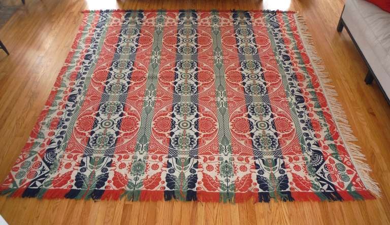 This handwoven 19th century four color coverlet is in fantastic condition. This pattern is so detailed with birds and tulips with most unusual patterns. This is the early patterns of German Dutch designs and patterns. This is unsigned by the maker
