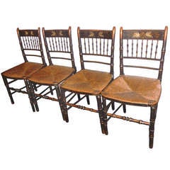 Antique Set of Four 19thc Original Paint Decorated Hitchcock Chairs w/ Orig. Rush Seats