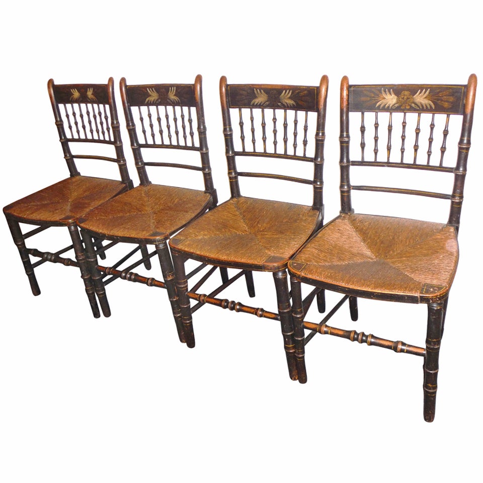 Set of Four 19thc Original Paint Decorated Hitchcock Chairs w/ Orig. Rush Seats