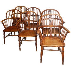 Antique Set of Six Early 19th c. English Windsor Dining Chairs