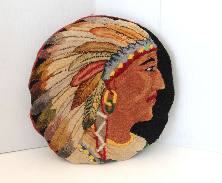 Pair of Folky Indian Chief Hand Hooked Pillows