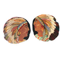 Pair of Folky Indian Chief Hand Hooked Pillows
