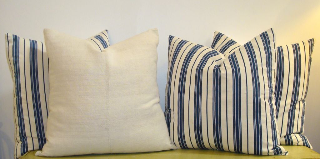 American 19th Century Blue & White Ticking Pillows with Homespun Linen Backing