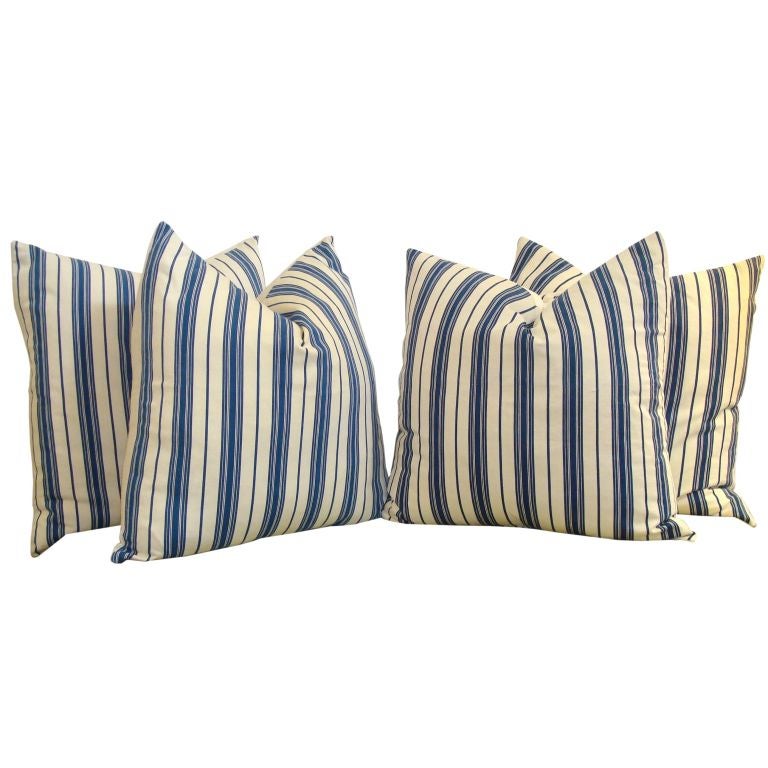 19th Century Blue & White Ticking Pillows with Homespun Linen Backing