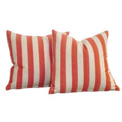 PAIR OF STRIPED TICKING PILLOWS W/ HOMESPUN LINEN BACKING Antique PAIR OF STRIPED TICKING PILLOWS W/ HOMESPUN LINEN BACKING