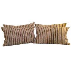 EARLY RAG RUG PILLOWS W/ STRIPED PATTERN & LINEN BACKING