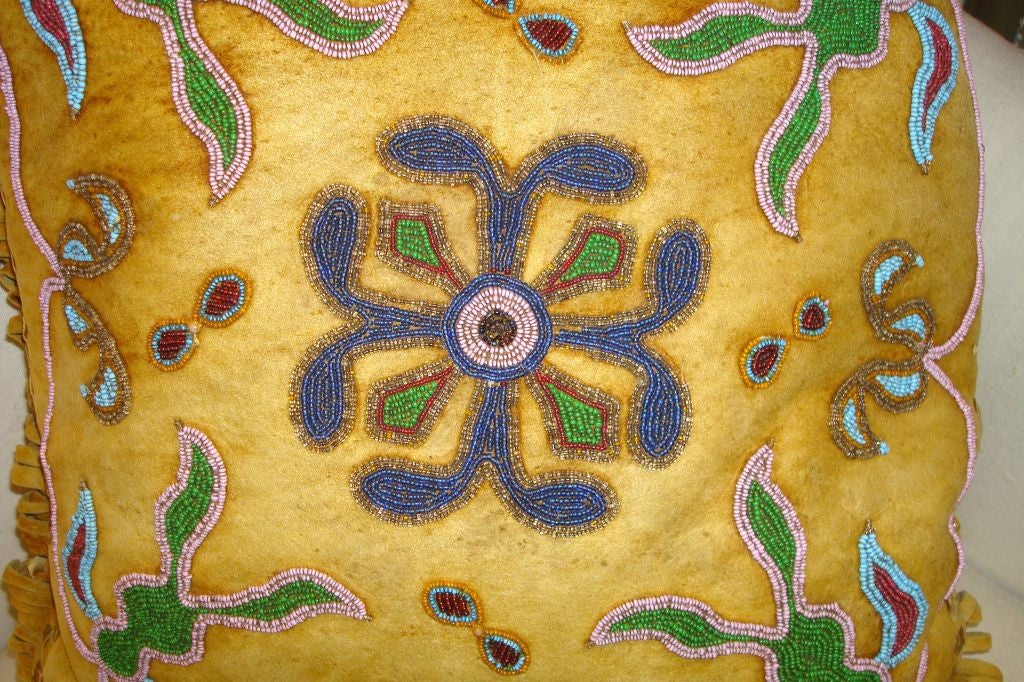 RARE 19THC BEADED INDIAN PILLOW IN CALF SKIN LEATHER