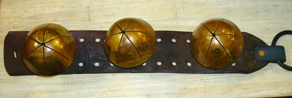 American LARGE 19THC SLEIGH BELLS ON LEATHER STRAP W/ORIGINAL IRON RING