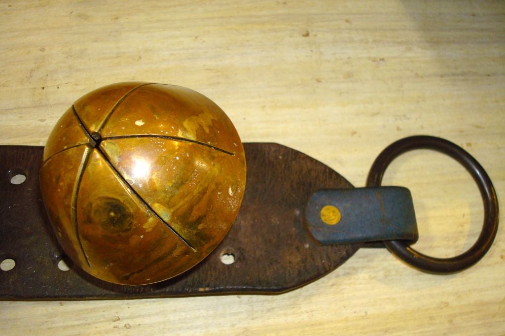 19th Century LARGE 19THC SLEIGH BELLS ON LEATHER STRAP W/ORIGINAL IRON RING