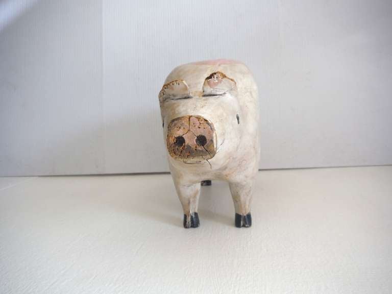Large Hand Carved & Painted Folk Art Pig In Distressed Condition In Los Angeles, CA