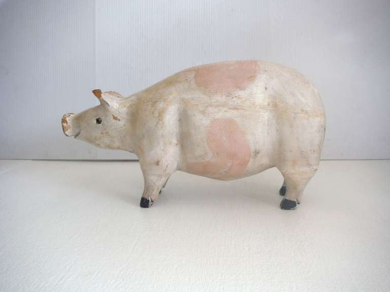 Mid-20th Century Large Hand Carved & Painted Folk Art Pig