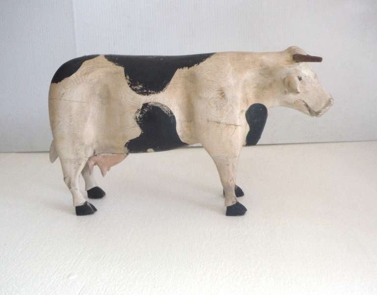Folk Art Hand Carved & Painted Folk Cow Wood Carving