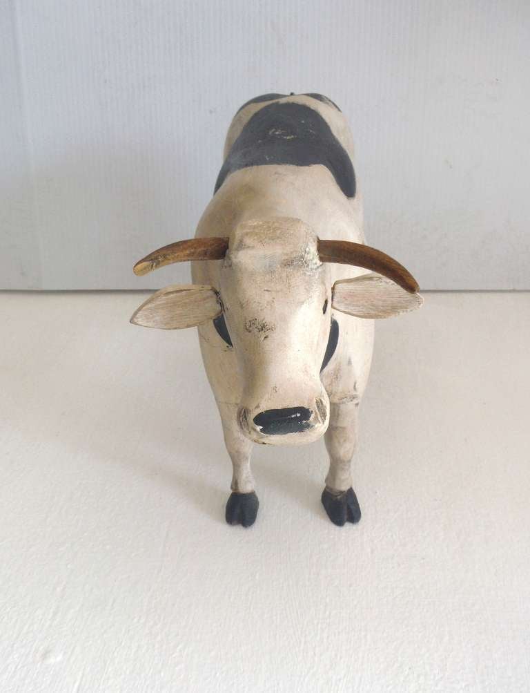 American Hand Carved & Painted Folk Cow Wood Carving