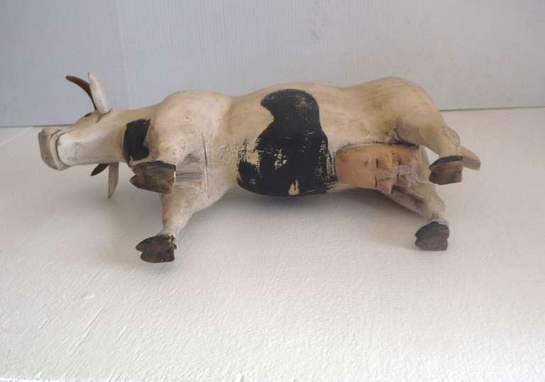 Hand Carved & Painted Folk Cow Wood Carving In Distressed Condition In Los Angeles, CA