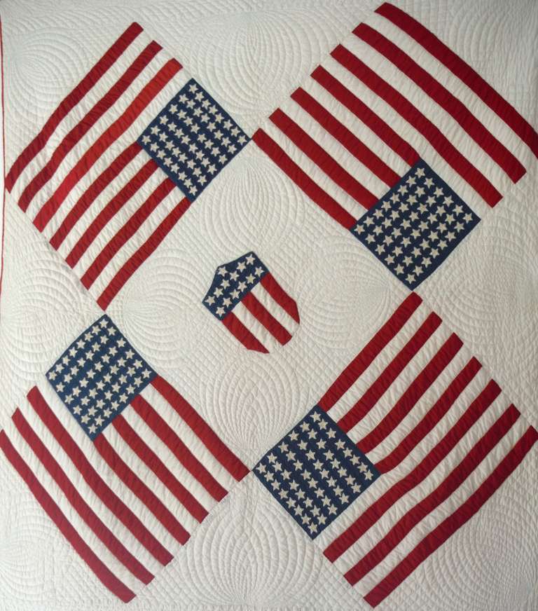 American Rare and Unusual Early 1900s Floating Flags Quilt