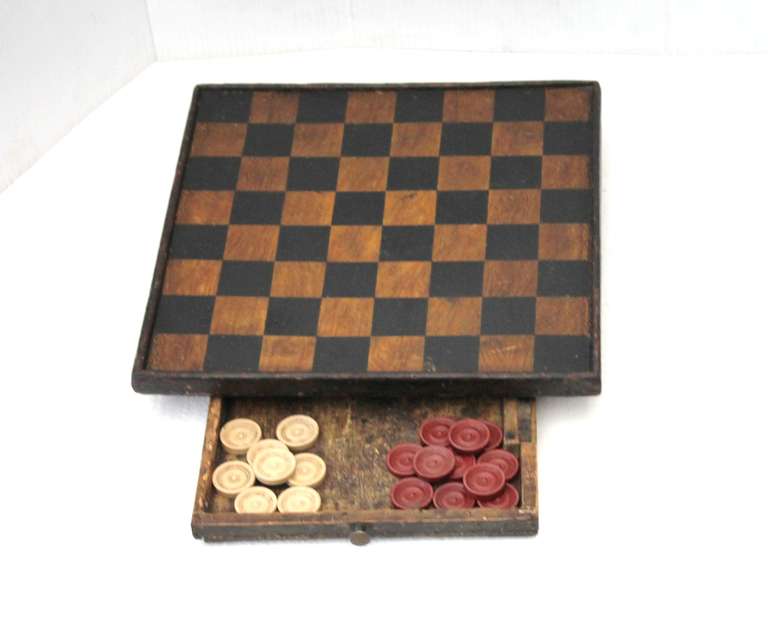 19THC  Rare Original Black & Mustard Game Board W/Drawer In Distressed Condition In Los Angeles, CA